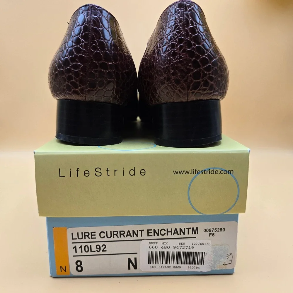 LifeStride Lure Burgundy Faux Croc Square Toe Low Block Heel Pumps Mens 8N